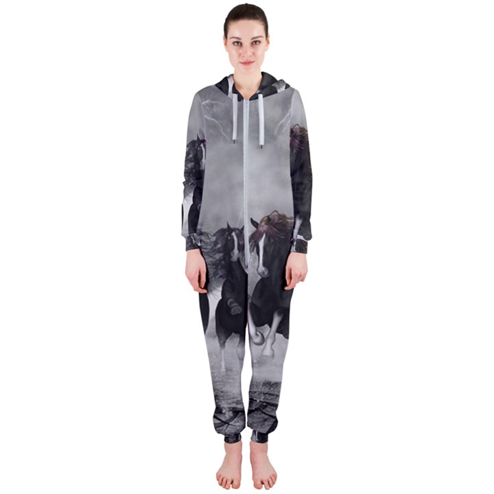 Awesome Wild Black Horses Running In The Night Hooded Jumpsuit (Ladies) 