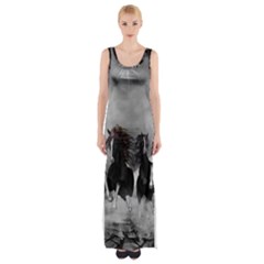 Awesome Wild Black Horses Running In The Night Maxi Thigh Split Dress by FantasyWorld7