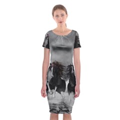 Awesome Wild Black Horses Running In The Night Classic Short Sleeve Midi Dress by FantasyWorld7