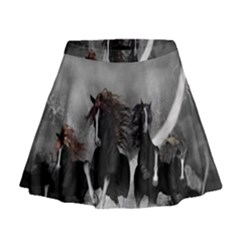 Awesome Wild Black Horses Running In The Night Mini Flare Skirt by FantasyWorld7