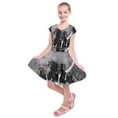 Awesome Wild Black Horses Running In The Night Kids  Short Sleeve Dress by FantasyWorld7