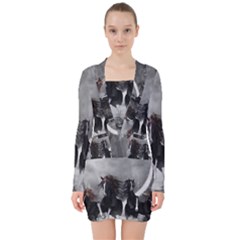 Awesome Wild Black Horses Running In The Night V-neck Bodycon Long Sleeve Dress by FantasyWorld7