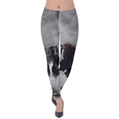 Awesome Wild Black Horses Running In The Night Velvet Leggings by FantasyWorld7