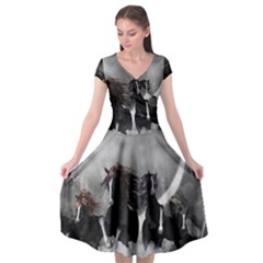 Awesome Wild Black Horses Running In The Night Cap Sleeve Wrap Front Dress by FantasyWorld7