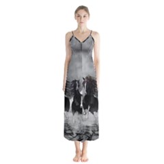 Awesome Wild Black Horses Running In The Night Button Up Chiffon Maxi Dress by FantasyWorld7