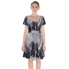 Awesome Wild Black Horses Running In The Night Short Sleeve Bardot Dress by FantasyWorld7