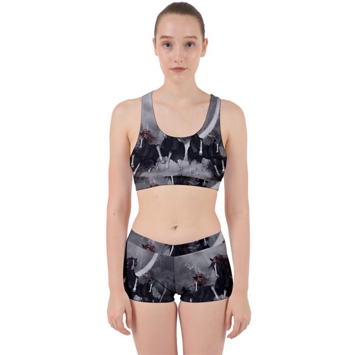 Awesome Wild Black Horses Running In The Night Work It Out Sports Bra Set