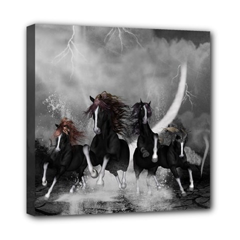 Awesome Wild Black Horses Running In The Night Mini Canvas 8  X 8  by FantasyWorld7