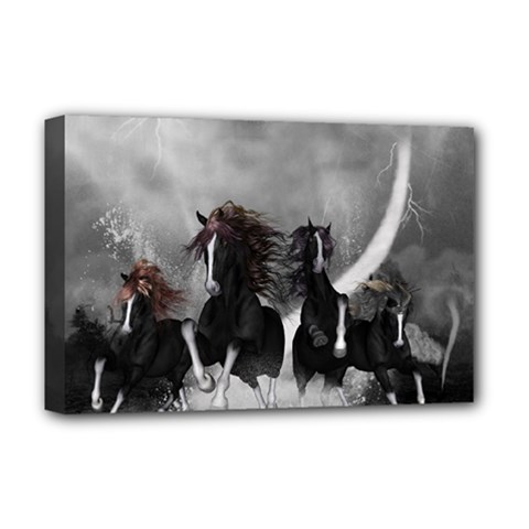 Awesome Wild Black Horses Running In The Night Deluxe Canvas 18  X 12   by FantasyWorld7