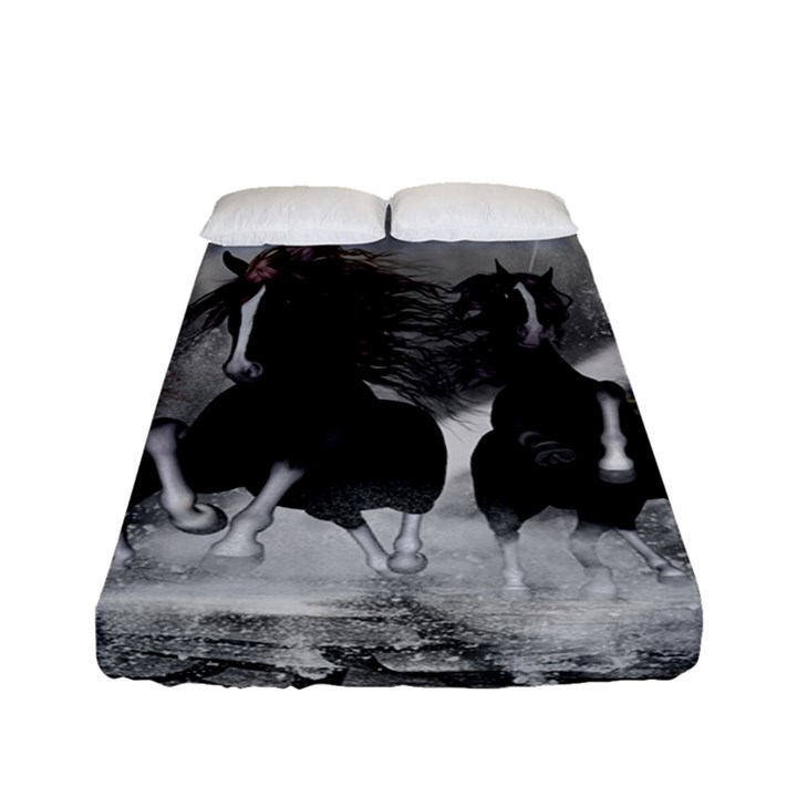 Awesome Wild Black Horses Running In The Night Fitted Sheet (Full/ Double Size)