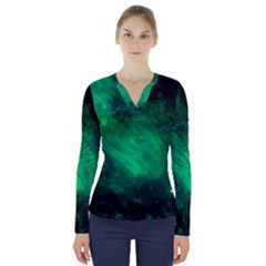 Green Space All Universe Cosmos Galaxy V-neck Long Sleeve Top by Nexatart