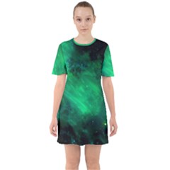 Green Space All Universe Cosmos Galaxy Sixties Short Sleeve Mini Dress