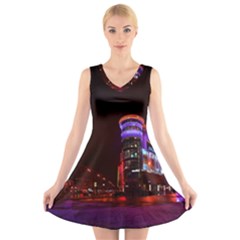 Moscow Night Lights Evening City V-neck Sleeveless Skater Dress by Nexatart