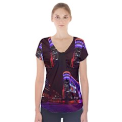 Moscow Night Lights Evening City Short Sleeve Front Detail Top by Nexatart