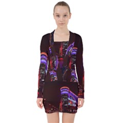 Moscow Night Lights Evening City V-neck Bodycon Long Sleeve Dress by Nexatart