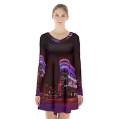 Moscow Night Lights Evening City Long Sleeve Velvet V-neck Dress by Nexatart