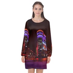 Moscow Night Lights Evening City Long Sleeve Chiffon Shift Dress  by Nexatart