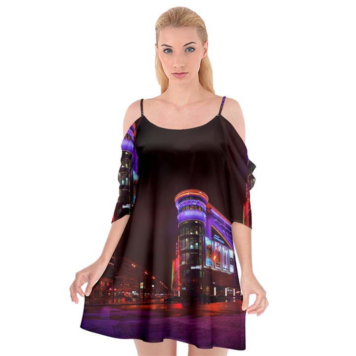 Moscow Night Lights Evening City Cutout Spaghetti Strap Chiffon Dress