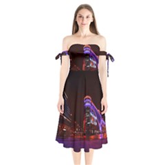 Moscow Night Lights Evening City Shoulder Tie Bardot Midi Dress by Nexatart