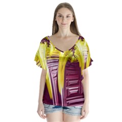 Yellow Magenta Abstract Fractal V-neck Flutter Sleeve Top by Nexatart