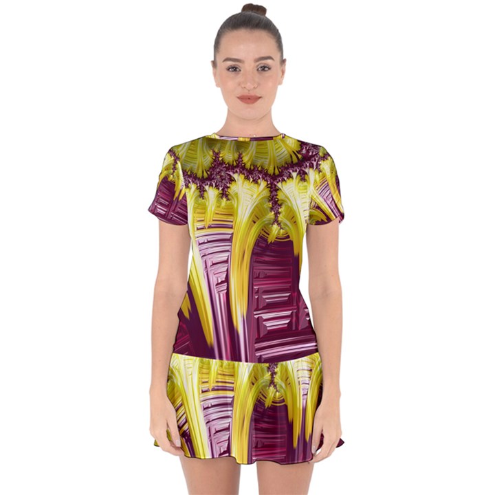 Yellow Magenta Abstract Fractal Drop Hem Mini Chiffon Dress