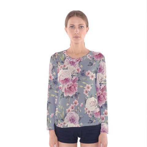 Pink Flower Seamless Design Floral Women s Long Sleeve Tee by Nexatart