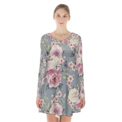 Pink Flower Seamless Design Floral Long Sleeve Velvet V-neck Dress by Nexatart