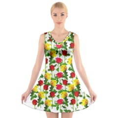 Rose Pattern Roses Background Image V-neck Sleeveless Skater Dress by Nexatart