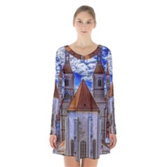 Steeple Church Building Sky Great Long Sleeve Velvet V-neck Dress by Nexatart