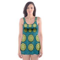 Sunshine Mandalas On Blue Skater Dress Swimsuit by pepitasart