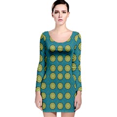 Sunshine Mandalas On Blue Long Sleeve Velvet Bodycon Dress by pepitasart