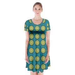 Sunshine Mandalas On Blue Short Sleeve V-neck Flare Dress by pepitasart