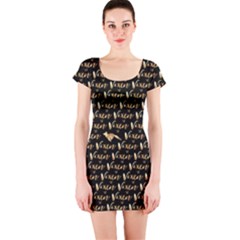 Hotwife Vixen With Butterfly In Gold On Black Short Sleeve Bodycon Dress