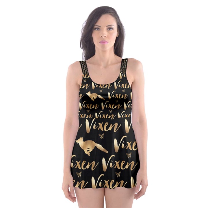 Hotwife Vixen with Butterfly in Gold on Black Skater Dress Swimsuit