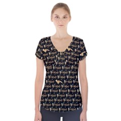 Hotwife Vixen With Butterfly In Gold On Black Short Sleeve Front Detail Top