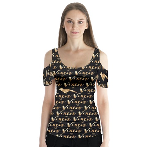 Hotwife Vixen With Butterfly In Gold On Black Butterfly Sleeve Cutout Tee  by MakeaStatementClothing