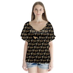 Hotwife Vixen With Butterfly In Gold On Black V-neck Flutter Sleeve Top by MakeaStatementClothing