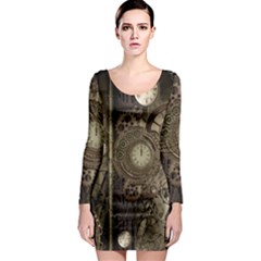 Stemapunk Design With Clocks And Gears Long Sleeve Bodycon Dress by FantasyWorld7