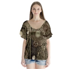 Stemapunk Design With Clocks And Gears V-neck Flutter Sleeve Top by FantasyWorld7