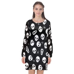 Skull, Spider And Chest  - Halloween Pattern Long Sleeve Chiffon Shift Dress  by Valentinaart