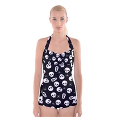 Skull, Spider And Chest  - Halloween Pattern Boyleg Halter Swimsuit  by Valentinaart