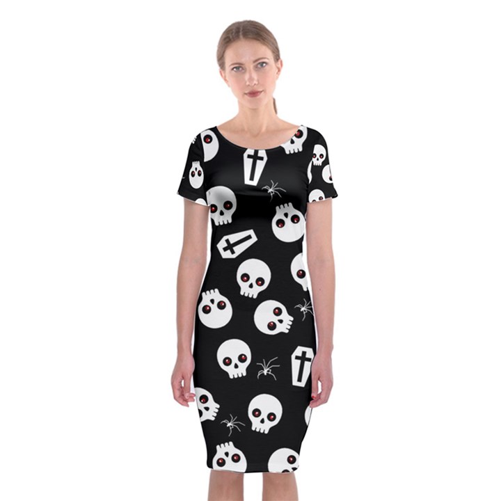 Skull, spider and chest  - Halloween pattern Classic Short Sleeve Midi Dress