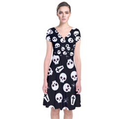 Skull, Spider And Chest  - Halloween Pattern Short Sleeve Front Wrap Dress by Valentinaart