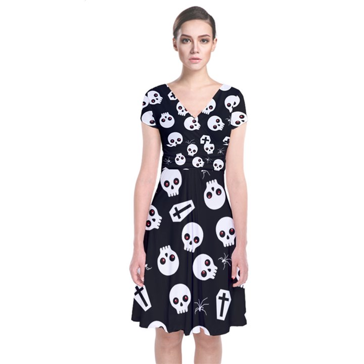 Skull, spider and chest  - Halloween pattern Short Sleeve Front Wrap Dress