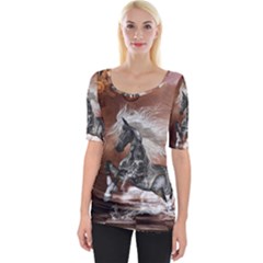 Steampunk, Awesome Steampunk Horse With Clocks And Gears In Silver Wide Neckline Tee