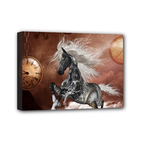 Steampunk, Awesome Steampunk Horse With Clocks And Gears In Silver Mini Canvas 7  X 5  by FantasyWorld7