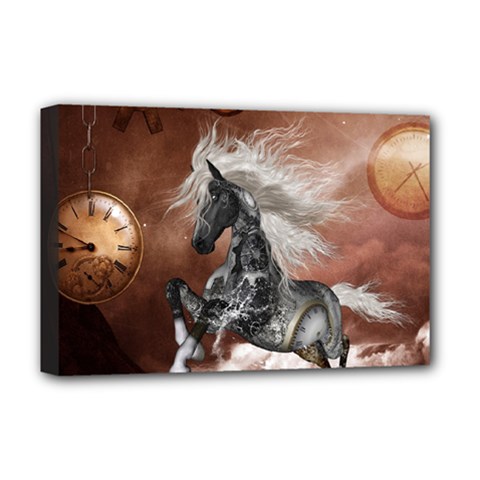 Steampunk, Awesome Steampunk Horse With Clocks And Gears In Silver Deluxe Canvas 18  X 12   by FantasyWorld7