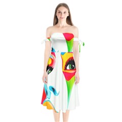 Colourful Art Face Shoulder Tie Bardot Midi Dress by MaryIllustrations