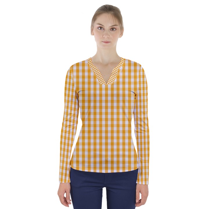 Pale Pumpkin Orange and White Halloween Gingham Check V-Neck Long Sleeve Top