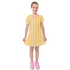 Pale Pumpkin Orange And White Halloween Gingham Check Kids  Short Sleeve Velvet Dress by PodArtist